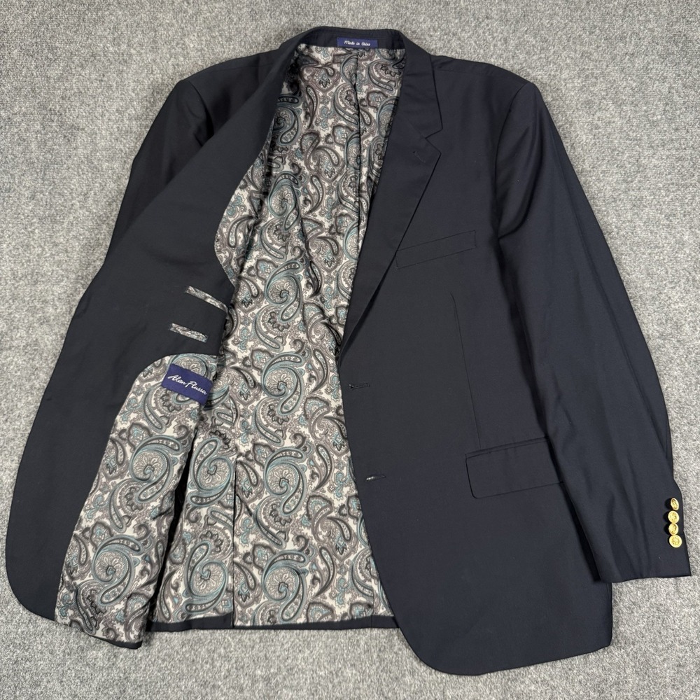 Alan Flusser Mens Navy Blue Blazer Paisley Lining Gold Crest Buttons 46R